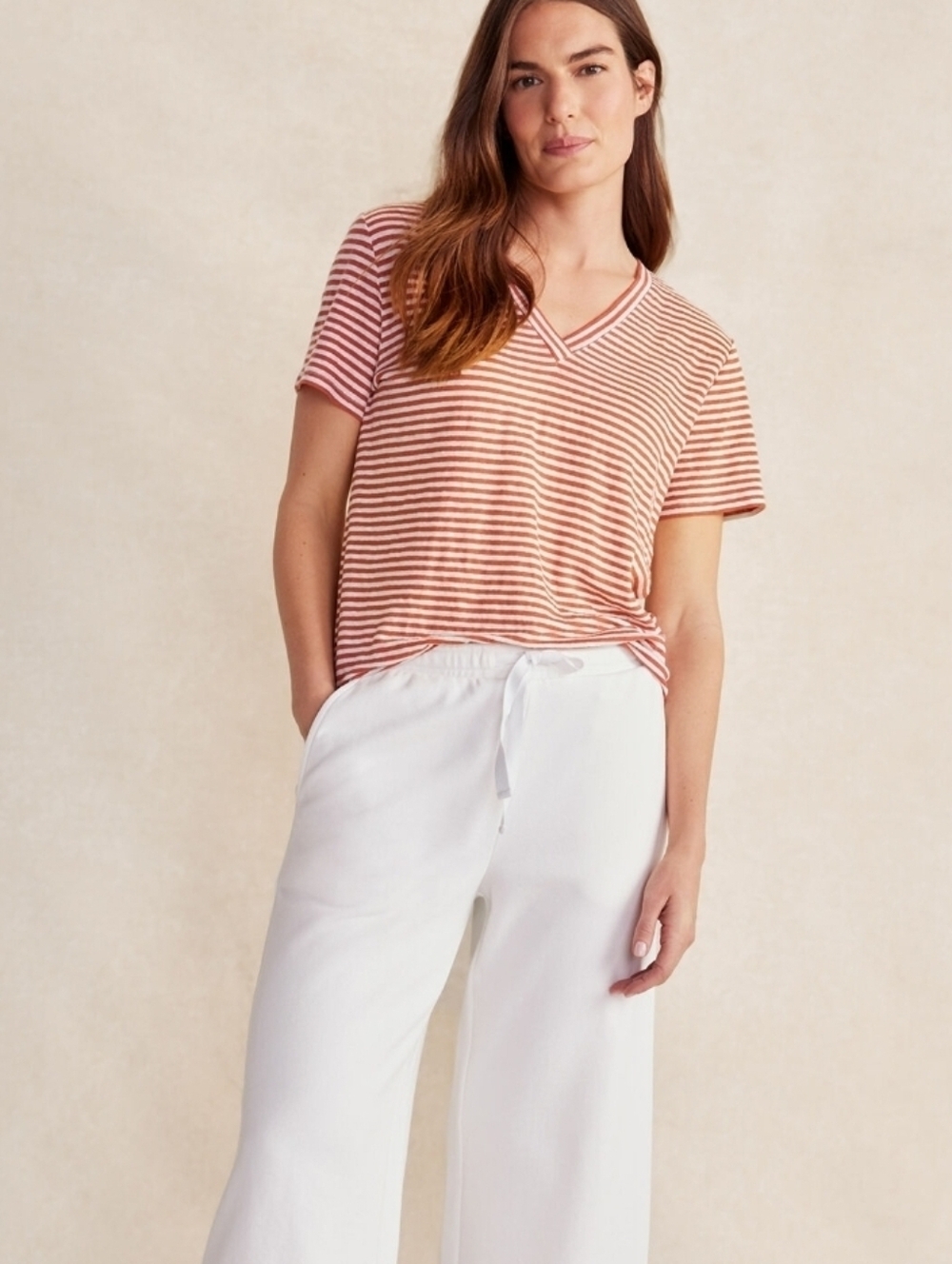 NEW Haven Well Within 100% Linen Orange Striped Short Sleeve Tshirt Medium